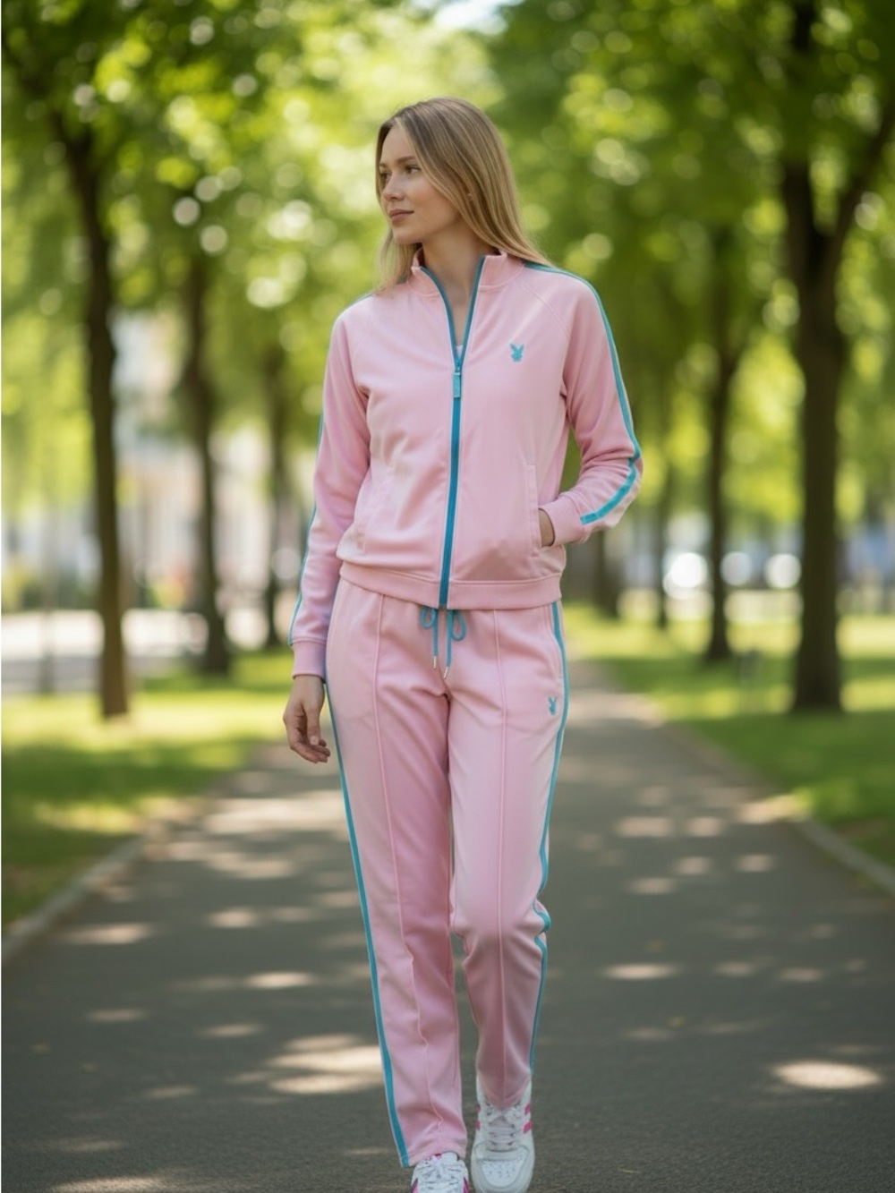 Vintage Playboy Pink Jersey Tracksuit Set Y2K Aqua Trim Lounge Set